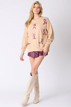 Load image into Gallery viewer, Peach Love Ribbon and Boots Sequin Embroidered Sweatshirt in Beige
