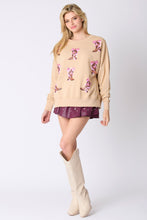 Load image into Gallery viewer, Peach Love Ribbon and Boots Sequin Embroidered Sweatshirt in Beige