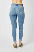 Load image into Gallery viewer, Judy Mid Rise Destroyed and Cuffed Skinny Denim Jeans in Medium Wash