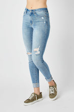 Load image into Gallery viewer, Judy Mid Rise Destroyed and Cuffed Skinny Denim Jeans in Medium Wash