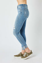 Load image into Gallery viewer, Judy Mid Rise Destroyed and Cuffed Skinny Denim Jeans in Medium Wash