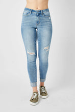 Load image into Gallery viewer, Judy Mid Rise Destroyed and Cuffed Skinny Denim Jeans in Medium Wash