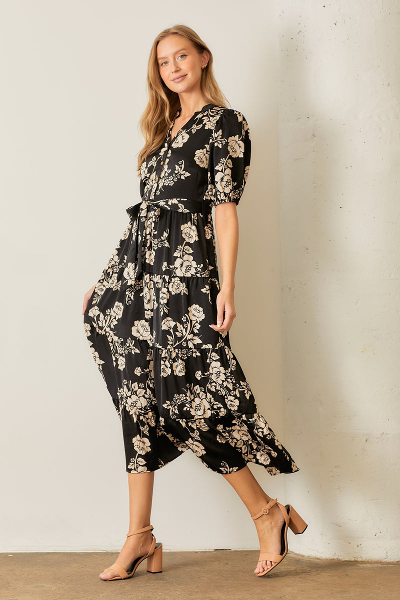 Polagram Two Toned Floral Print Maxi Dress in Black Multi – June Adel