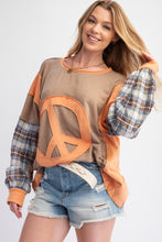Load image into Gallery viewer, Easel Mixed Fabric Peace Sign Patch OVERSIZED Top in Mushroom