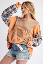 Load image into Gallery viewer, Easel Mixed Fabric Peace Sign Patch OVERSIZED Top in Mushroom