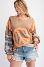 Load image into Gallery viewer, Easel Mixed Fabric Peace Sign Patch OVERSIZED Top in Mushroom