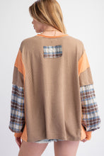 Load image into Gallery viewer, Easel Mixed Fabric Peace Sign Patch OVERSIZED Top in Mushroom
