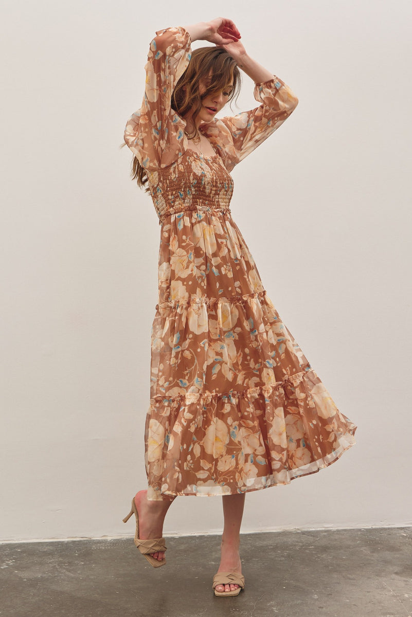 In February Floral Print Midi Dress In Brown Multi FINAL SALE S at June Adel