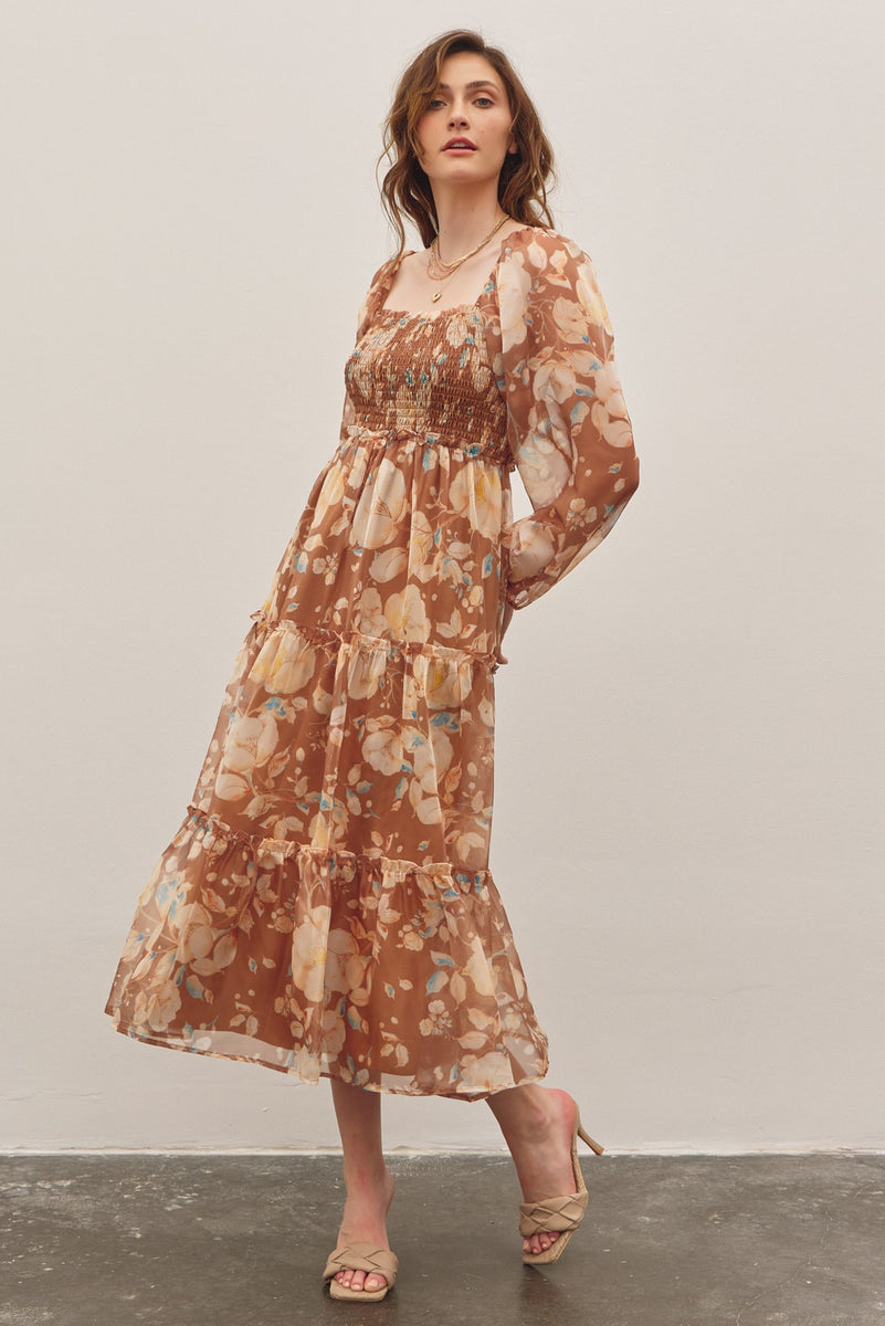 In February Floral Print Midi Dress In Brown Multi FINAL SALE S