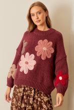 Load image into Gallery viewer, Polagram Solid Color Knit Sweater with Knit Flower Appliques in Burgundy