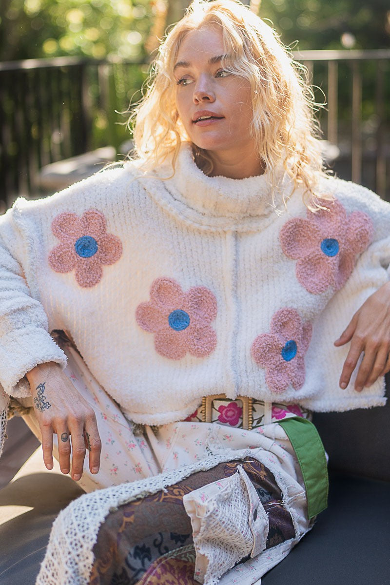 POL Berber Knit Sweater with Flower Print in Ivory – June Adel