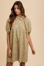 Load image into Gallery viewer, AnnieWear Striped Corduroy Bubble Sleeve Mini Dress in Taupe Combo
