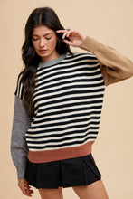 Load image into Gallery viewer, AnnieWear Striped Knit Sweater with Color Block Sleeves in Ivory/Black
