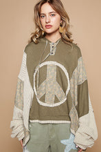 Load image into Gallery viewer, POL OVERSIZED Floral Peace Sign Patch Hooded Top in Dried Olive