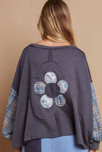 Load image into Gallery viewer, POL OVERSIZED Ribbed Knit and Plaid Top with Front and Back Flower Patch in Ink Charcoal