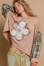 Load image into Gallery viewer, POL OVERSIZED Ribbed Knit and Plaid Top with Front and Back Flower Patch in Mocha FINAL SALE