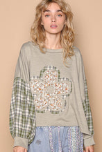 Load image into Gallery viewer, POL OVERSIZED Ribbed Knit and Plaid Top with Front and Back Flower Patch in Dusky Sage