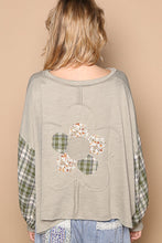 Load image into Gallery viewer, POL OVERSIZED Ribbed Knit and Plaid Top with Front and Back Flower Patch in Dusky Sage