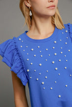 Load image into Gallery viewer, Umgee French Terry Knit Top with Pearl Details in Sapphire FINAL SALE