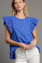 Load image into Gallery viewer, Umgee French Terry Knit Top with Pearl Details in Sapphire FINAL SALE