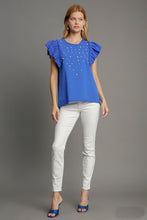 Load image into Gallery viewer, Umgee French Terry Knit Top with Pearl Details in Sapphire FINAL SALE