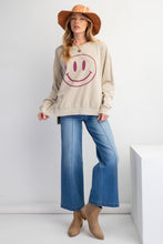 Load image into Gallery viewer, Easel Terry Knit Pullover Top with Smiley Face on Front in Khaki