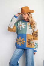 Load image into Gallery viewer, Easel Flower Print Color Block Sweater in Sage Teal