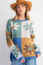 Load image into Gallery viewer, Easel Flower Print Color Block Sweater in Sage Teal