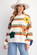 Load image into Gallery viewer, Easel Striped Knit Sweater with Textured Flower Patches in Ivory