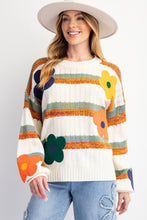 Load image into Gallery viewer, Easel Striped Knit Sweater with Textured Flower Patches in Ivory
