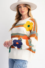 Load image into Gallery viewer, Easel Striped Knit Sweater with Textured Flower Patches in Ivory