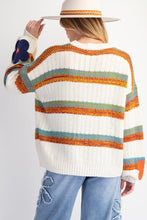 Load image into Gallery viewer, Easel Striped Knit Sweater with Textured Flower Patches in Ivory