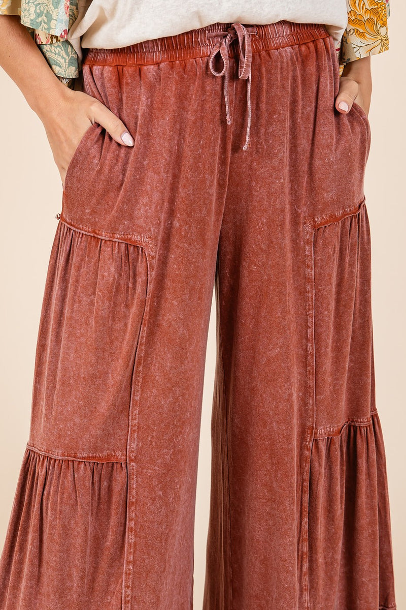 みHouse on the Hill Parent Pants Mittoshop Mineral Washed Tiered Detail Wide Leg Pants in Sienna