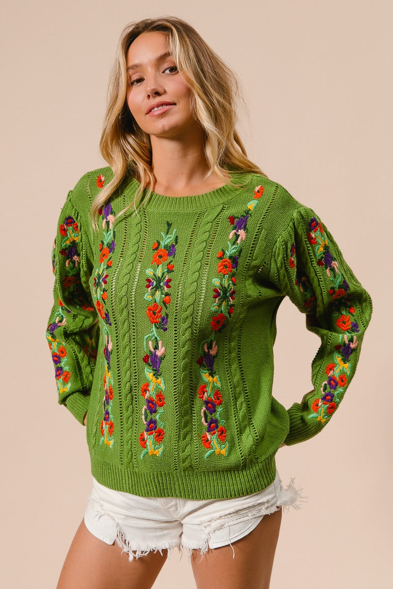 BiBi Solid Color Cable Knit Sweater with Flower Embroidery in 