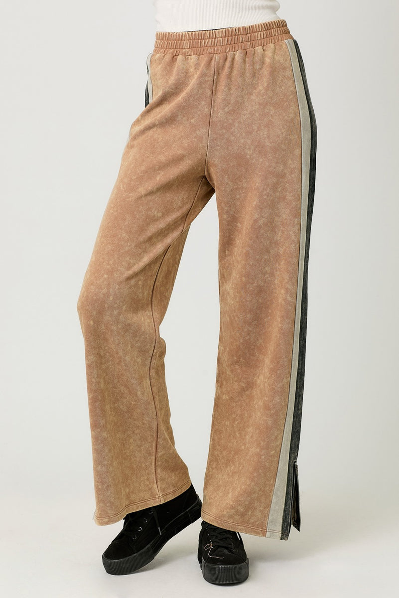 Mystree Mineral Washed Terry Knit Color Block Pants in Washed