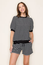 Load image into Gallery viewer, Tres Bien Cloudy Knit Striped Puff Sleeve Top in Black