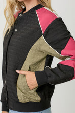 Load image into Gallery viewer, Mystree Color Block Bomber Jacket in Black Mix