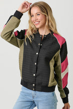 Load image into Gallery viewer, Mystree Color Block Bomber Jacket in Black Mix
