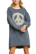 Load image into Gallery viewer, Umgee Solid Color French Terry Dress with Peace Sign Applique in Denim Blue