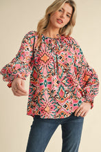 Load image into Gallery viewer, Jodifl Multi Colored Mixed Print Peasant Top in Pink Mix