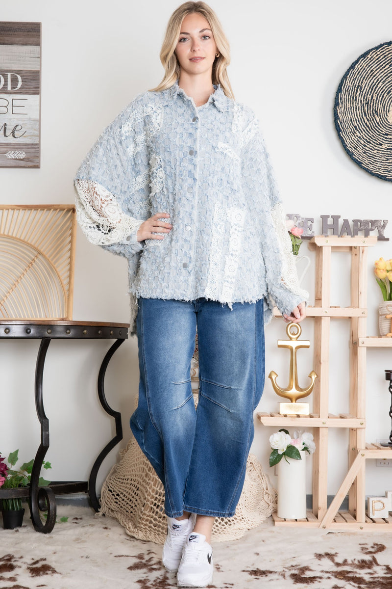 BlueVelvet Tweed and Lace Button Down Top in Dusty Blue – June Adel