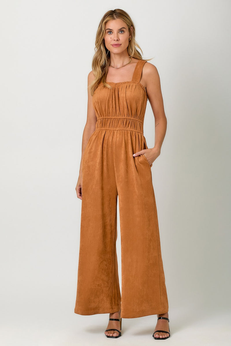 Mystree Suede Wide Leg Jumpsuit in Pumpkin – June Adel