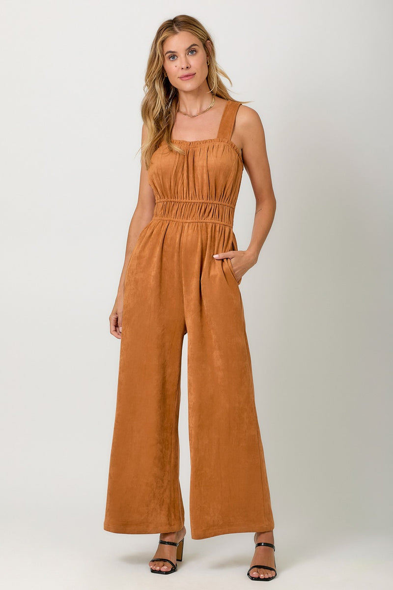 Mystree Suede Wide Leg Jumpsuit in Pumpkin – June Adel