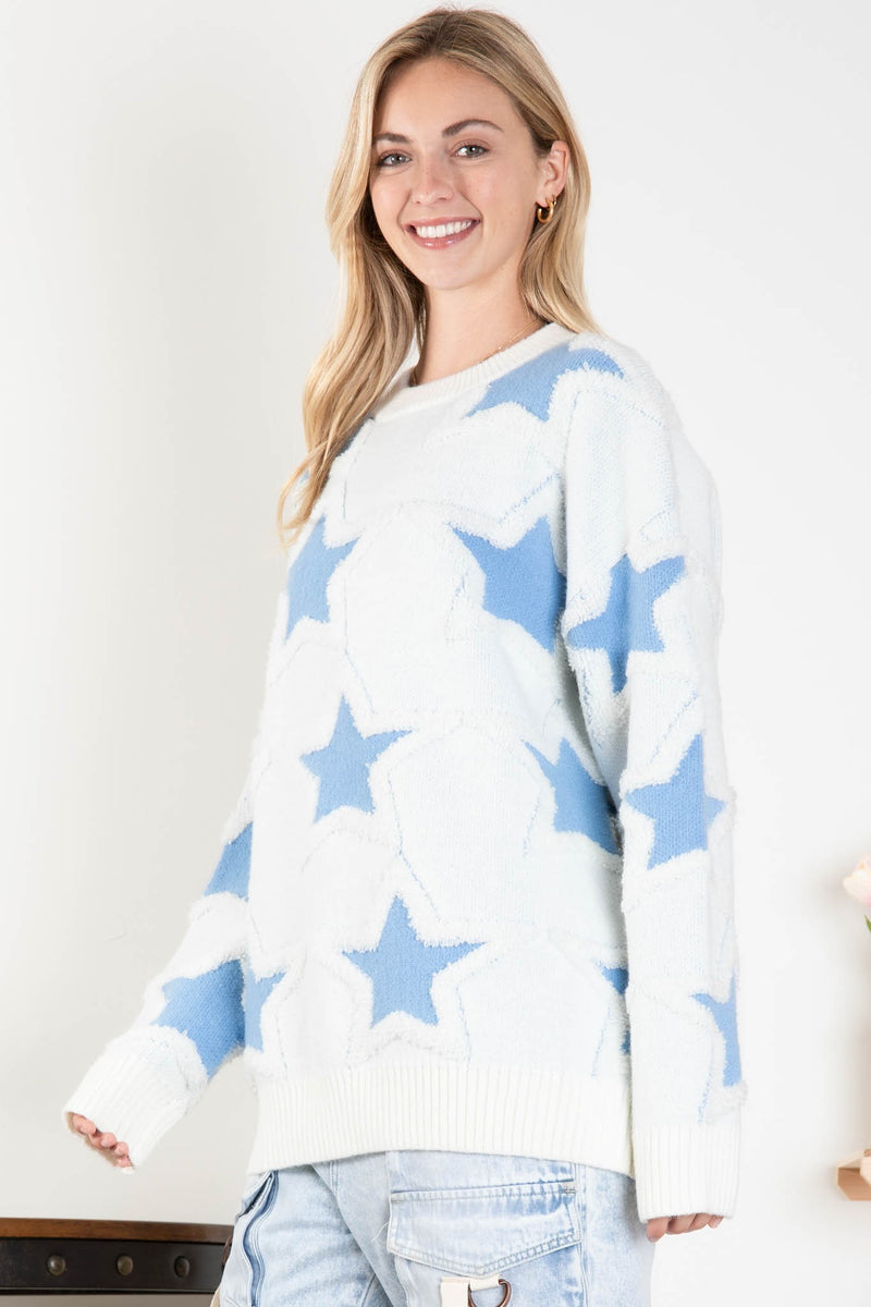 BlueVelvet Star Print Knit Sweater in White-Blue FINAL SALE – June