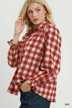 Load image into Gallery viewer, Umgee Gingham Ruffle Trim Button-Up Blouse in Red