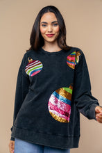 Load image into Gallery viewer, White Birch Terry Knit Sweatshirt with Multi Color Sequin Christmas Ornaments in Black