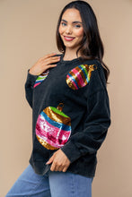 Load image into Gallery viewer, White Birch Terry Knit Sweatshirt with Multi Color Sequin Christmas Ornaments in Black