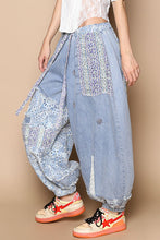 Load image into Gallery viewer, POL Twill and Floral Print Patchwork Joggers in Denim *PLEASE CHECK MEASUREMENTS*