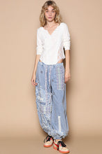 Load image into Gallery viewer, POL Twill and Floral Print Patchwork Joggers in Denim *PLEASE CHECK MEASUREMENTS*