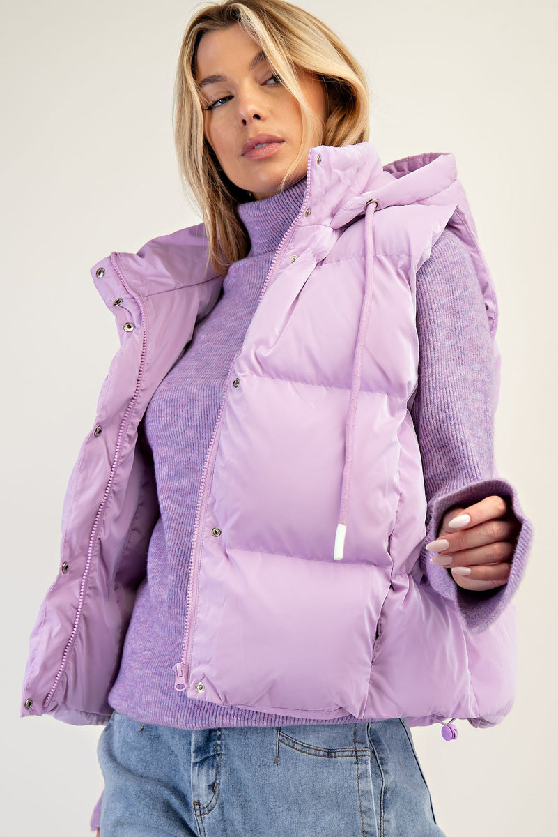 Easel Shiny Faux Leather Cropped Length Puffer Vest in Lavender